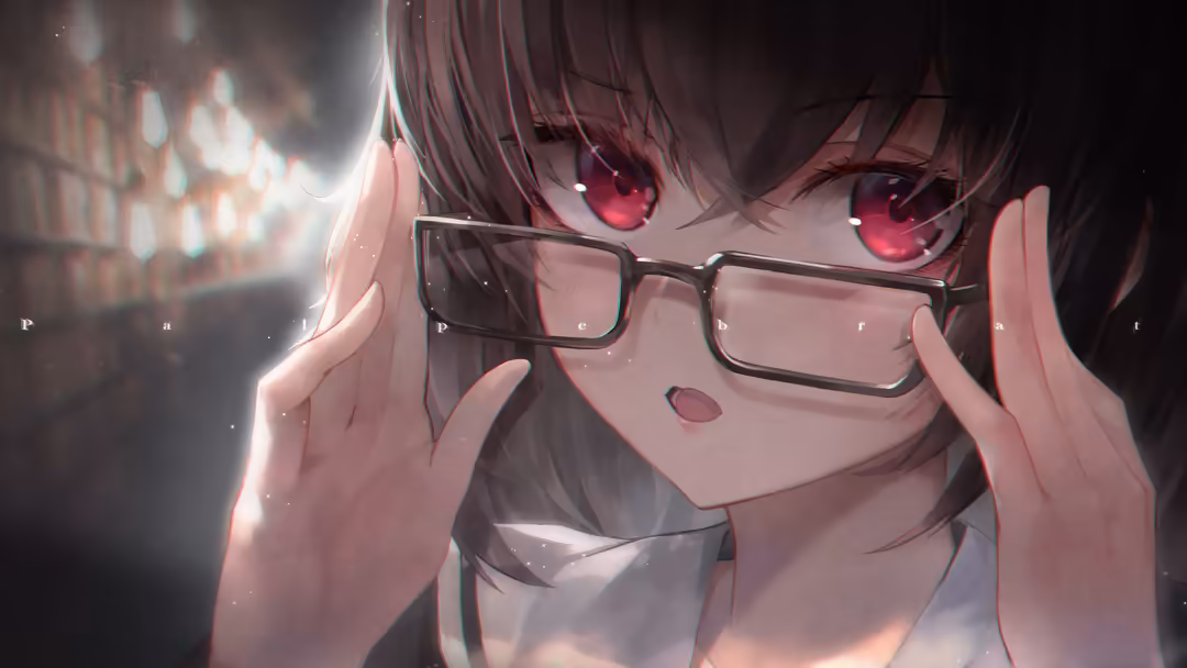 Anime girl wearing black-framed glasses with striking crimson eyes, soft pink tones, gentle expression, luminous background b