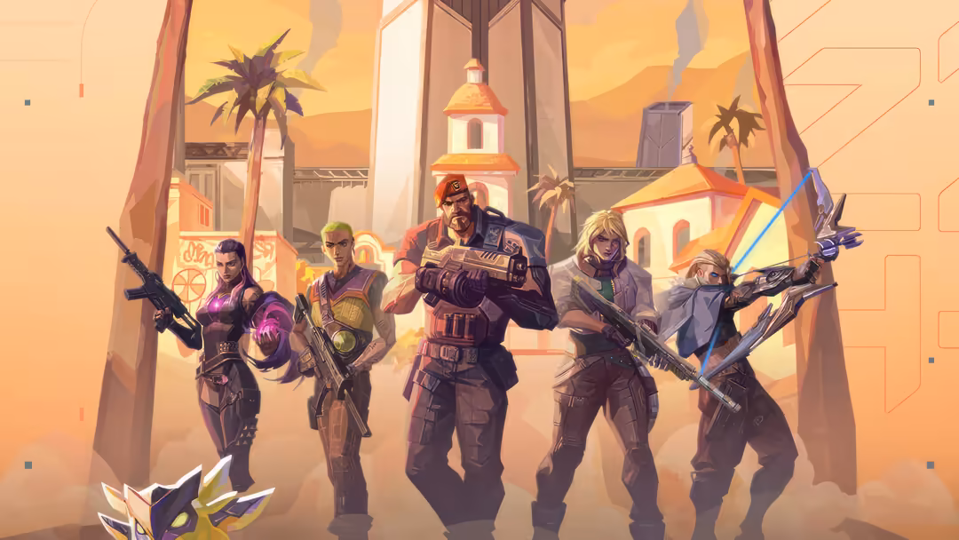 Five tactical agents standing together in desert setting with weapons, golden architecture and palm trees in background