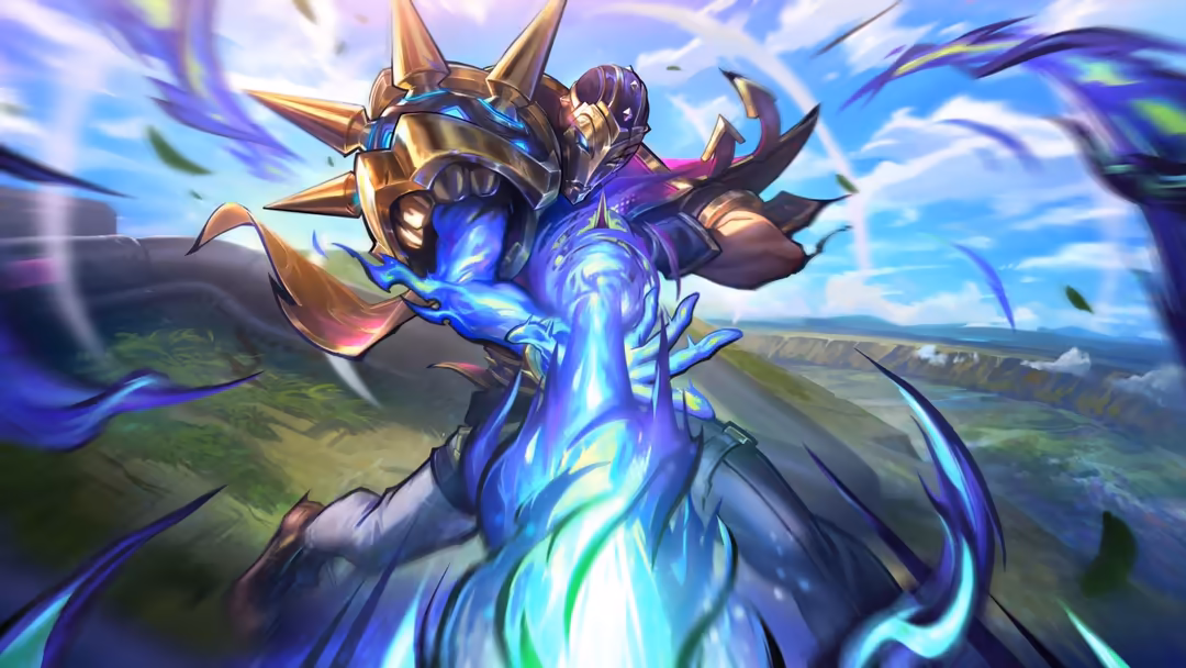 Armored warrior character with golden spikes and glowing blue magical energy, wielding powerful magic against a scenic landsc