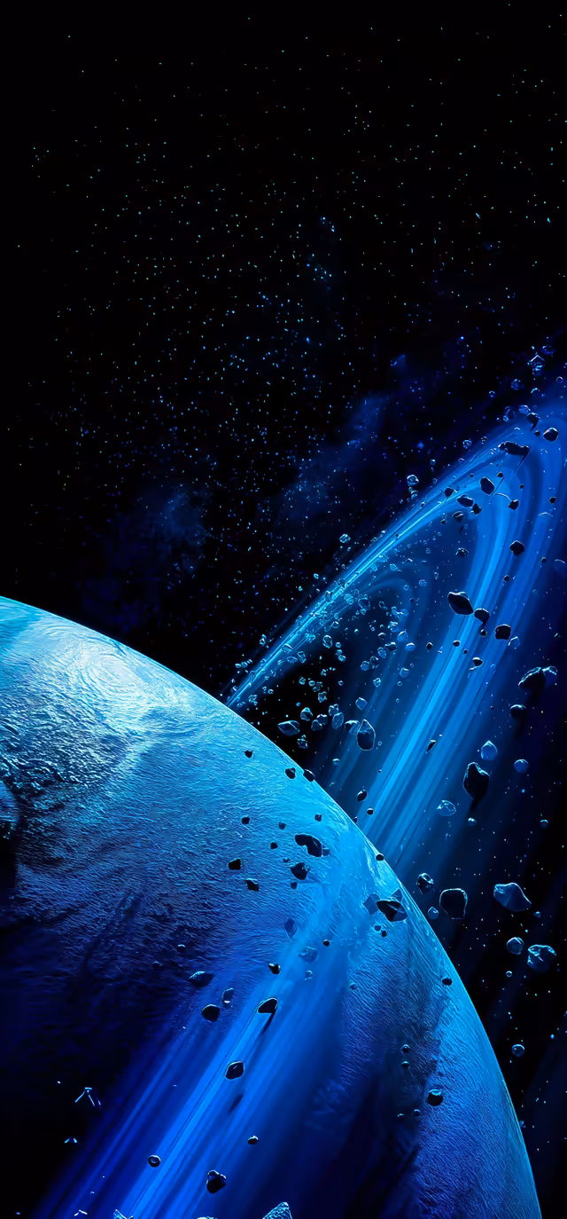 Blue Planet with Glowing Rings – Space Wallpaper
