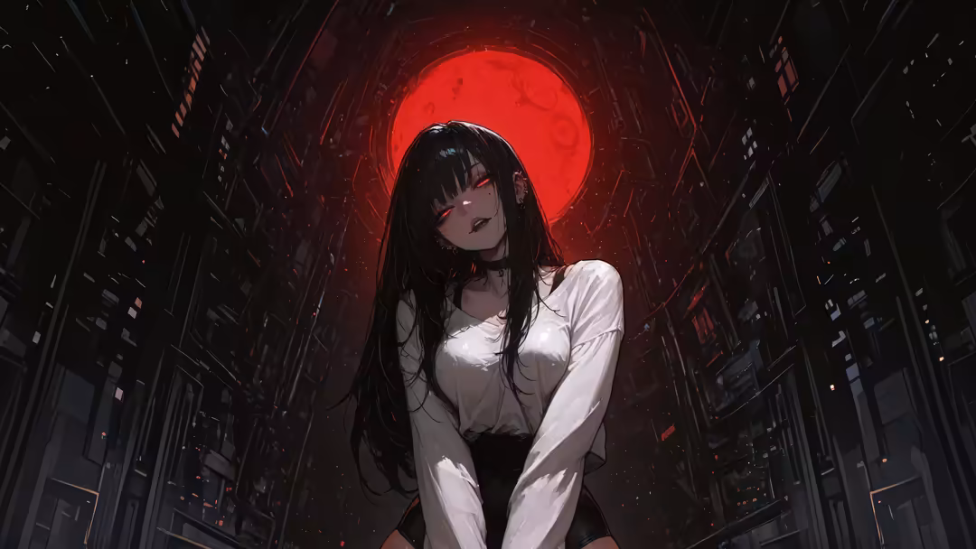 Anime girl with long black hair wearing white shirt standing in dark urban alley beneath glowing red moon, cyberpunk aestheti