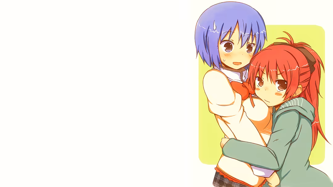 Two cheerful anime girls with purple and red hair hugging each other against a bright yellow background, expressing joy and c