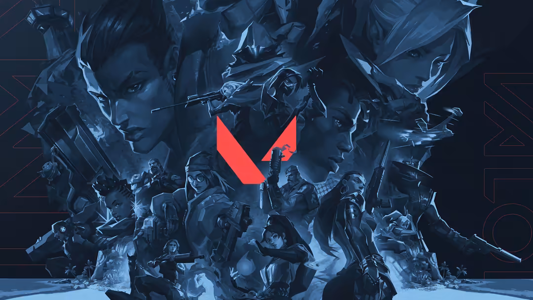 Valorant agents in tactical gear arranged in a dramatic blue-toned composition with glowing red V logo, showcasing multiple c