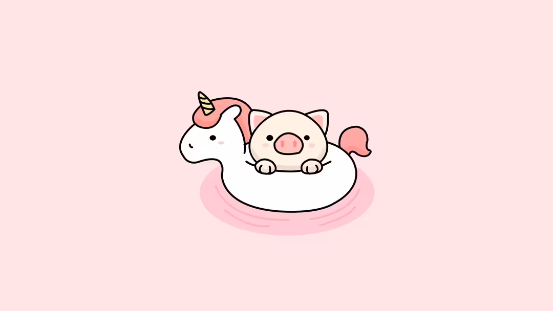Cute kawaii pig character riding on a fluffy white unicorn with gold horn floating on soft pink clouds against pale pink back
