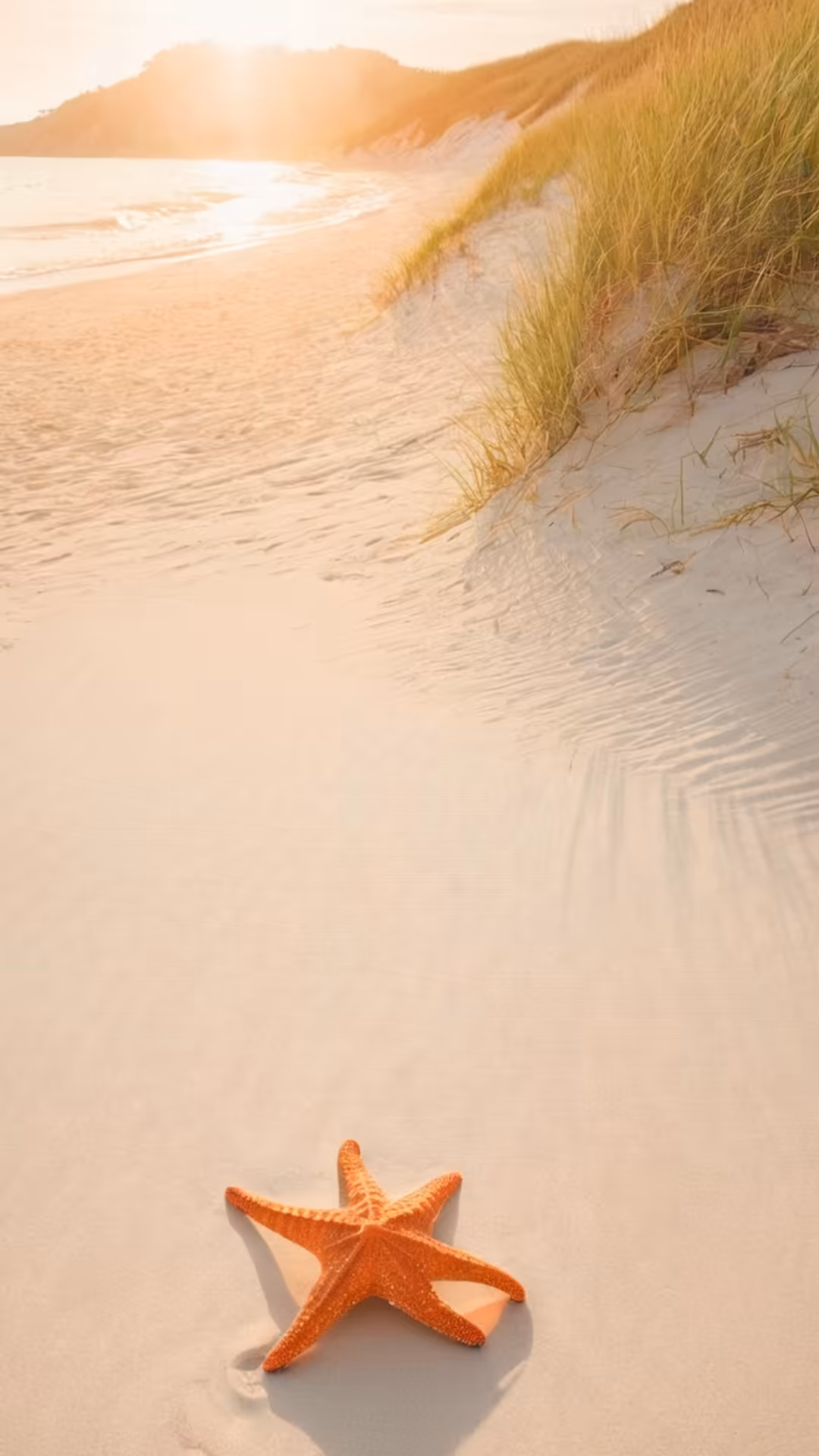 Red starfish resting on sandy beach with golden dune grass and ocean waves at sunset, coastal landscape