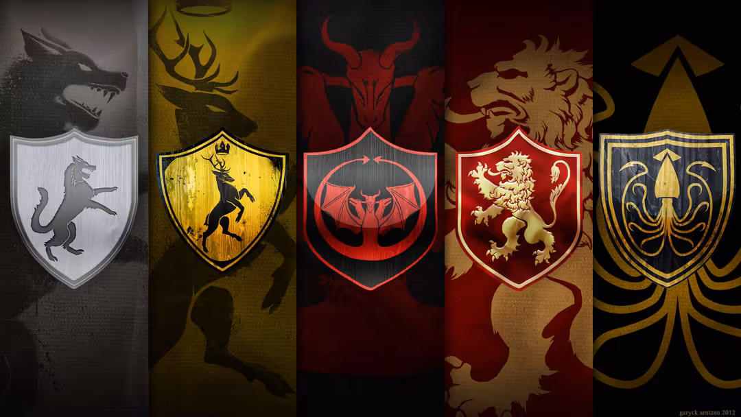 Five medieval heraldic shields with mythical creatures including dragons, stags, and lions in gold, red, and black tones on d
