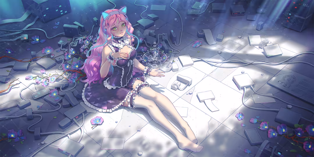 Anime girl with pink hair and cat ears sits among glowing tech devices and circuit boards in a cyberpunk environment