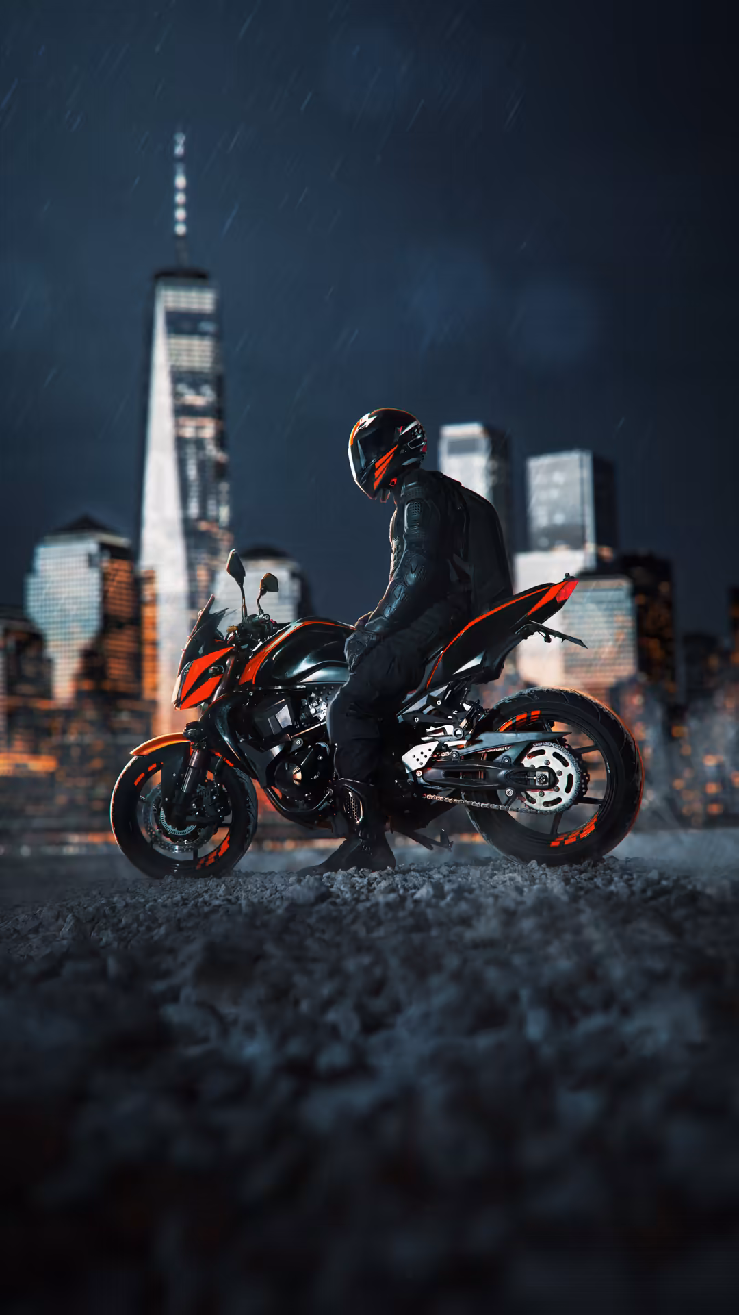 Motorcyclist in black gear sitting on red and black sport bike in heavy rain with illuminated city skyline blurred in backgro