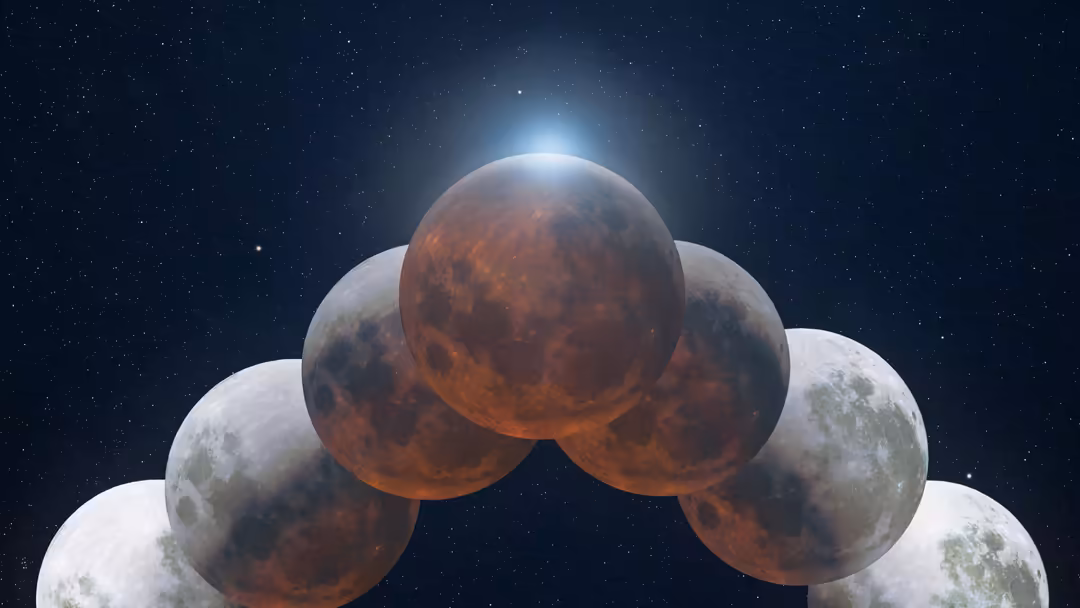 Lunar eclipse sequence showing moon phases transitioning from full white moon through reddish-copper blood moon against starr