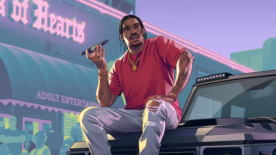 Man in red shirt performing on car roof with pink neon signs and green cityscape behind in vibrant neon aesthetic