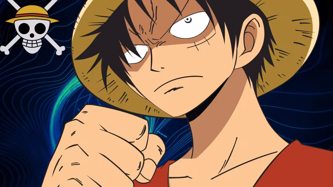 Anime character Monkey D. Luffy wearing straw hat with determined expression, clenched fist, red shirt against dark blue back