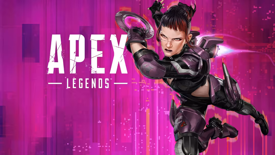 Futuristic warrior character with black hair and tactical gear wielding glowing weapons against vibrant magenta neon cityscap