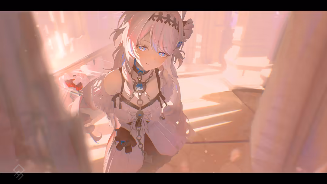 Anime character Denia from Wuthering Waves in ethereal pink-toned environment with warm sunlight, wearing ornate outfit with