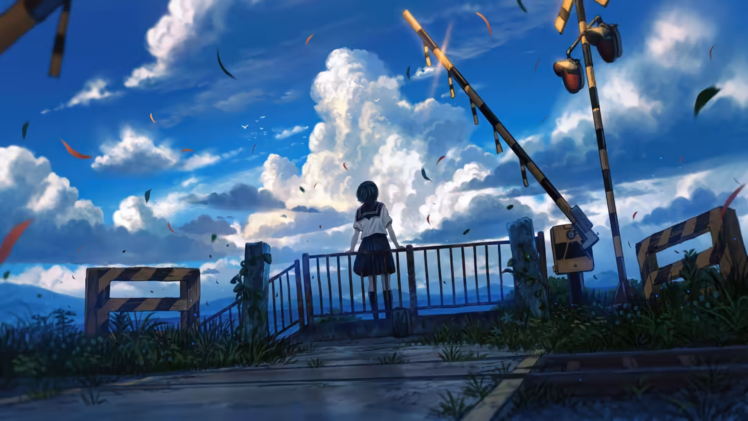 Anime girl in school uniform standing on a wooden bridge overlooking dramatic clouds and blue sky with floating debris and ab