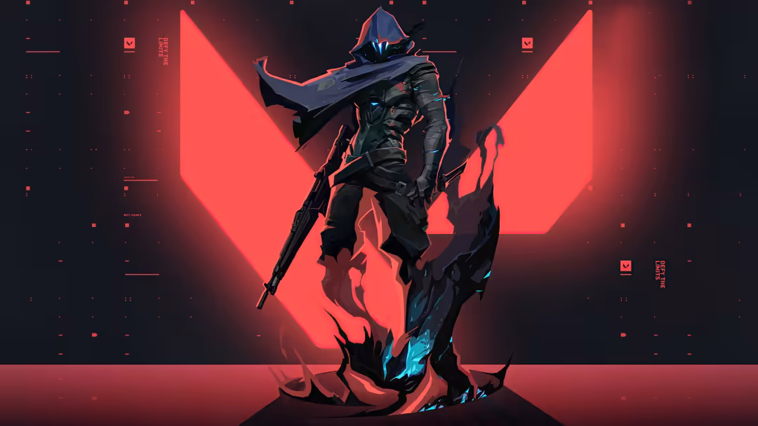 futuristic agent in black tactical gear with glowing cyan accents stands against bright neon red geometric shapes on a dark…