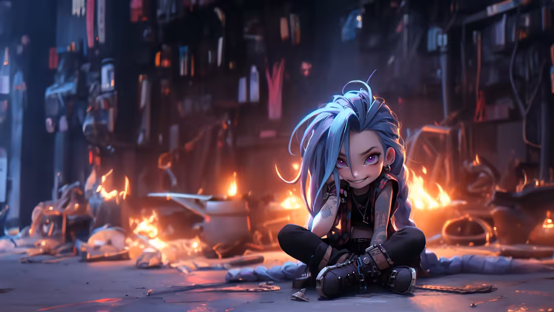 Anime character Jinx sitting in a neon-lit cyberpunk alleyway with blue hair, surrounded by glowing orange fire and futuristi