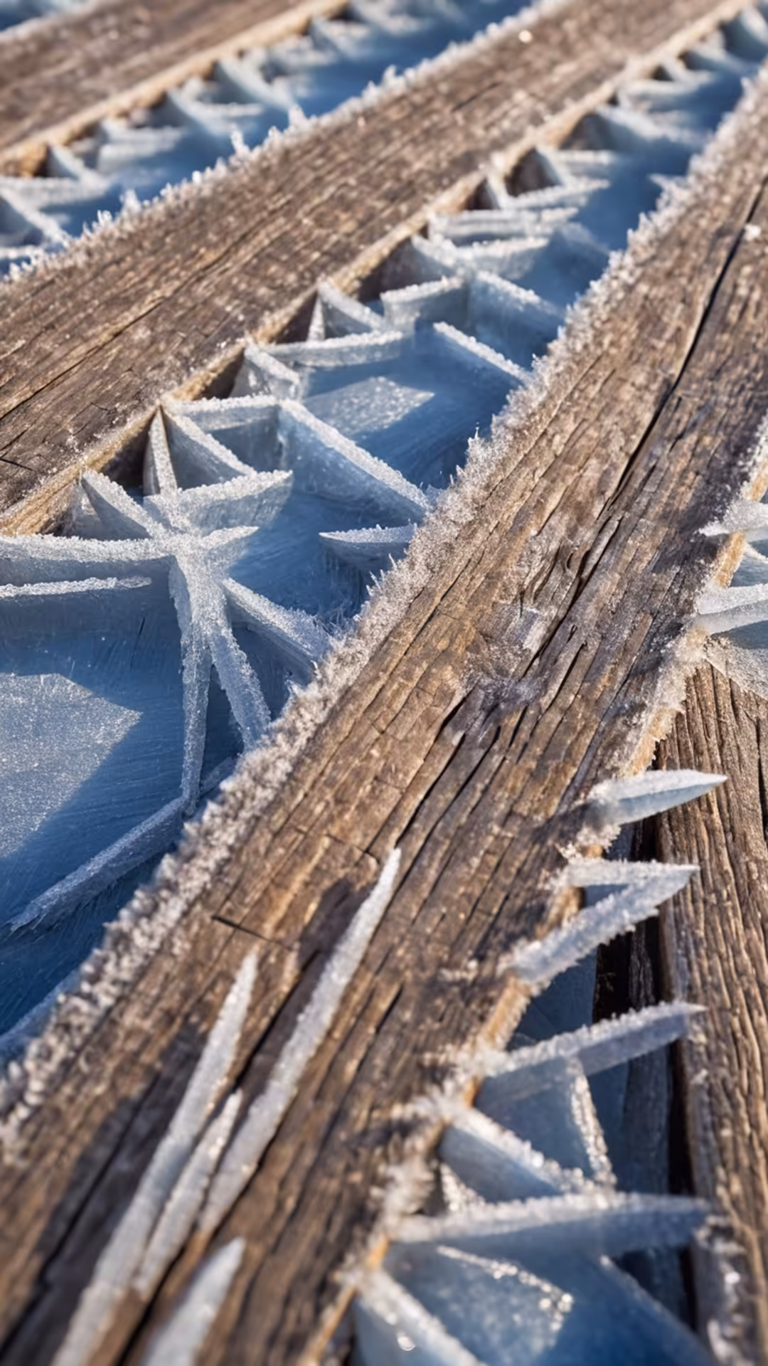 Close-up of frost crystals forming delicate patterns on weathered wood grain, with blue shadows creating geometric contrast i