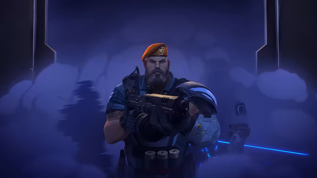 Tactical military commander Brimstone from Valorant stands in dark blue neon-lit environment, holding futuristic rifle with d