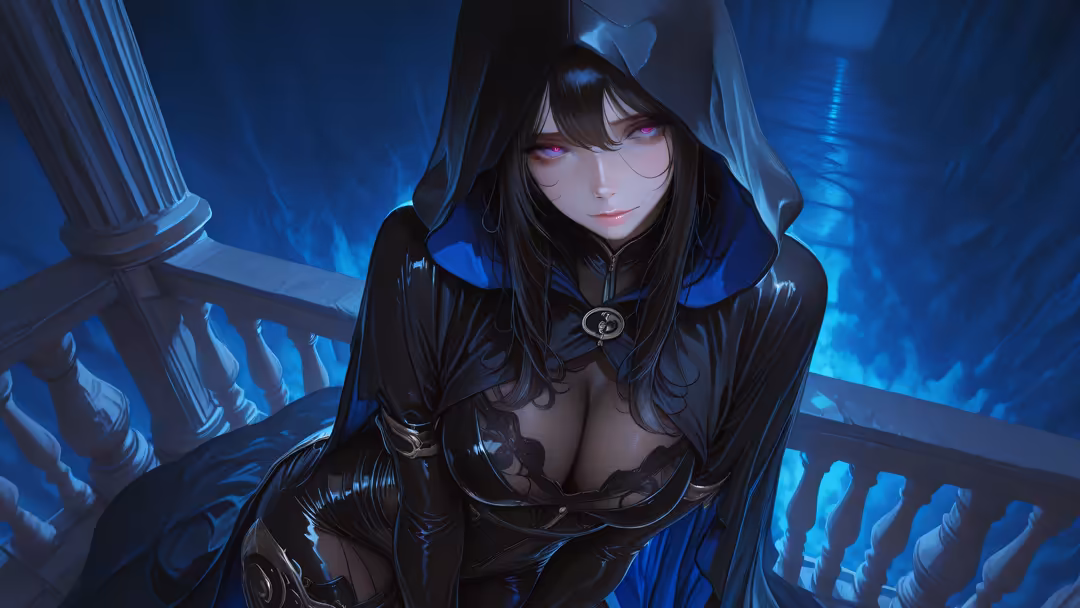 Anime-style dark fantasy character with long black hair, glowing purple eyes, wearing black hooded cloak with mystical pendan