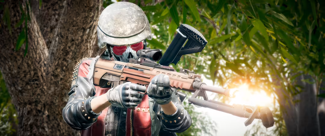Tactical soldier in combat gear with rifle equipped with scope, positioned in lush green forest environment with sunlit trees