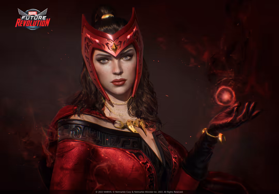 Scarlett Johansson as a sorceress in red armor with glowing magical powers, dark mystical background, Marvel character portra
