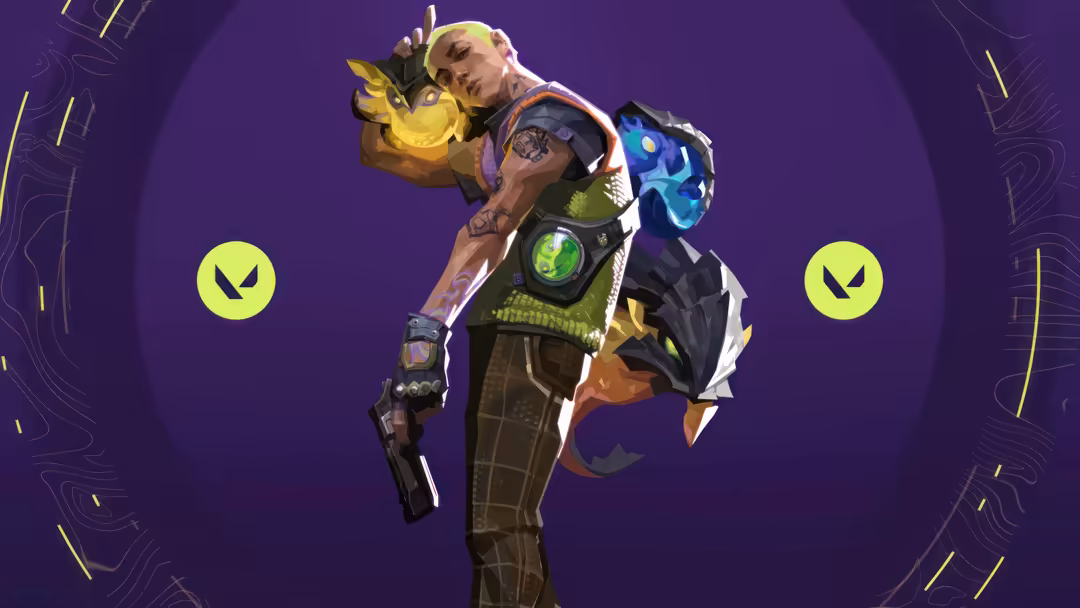 Gekko from Valorant wielding glowing yellow creature on purple background with neon accents and tactical gear