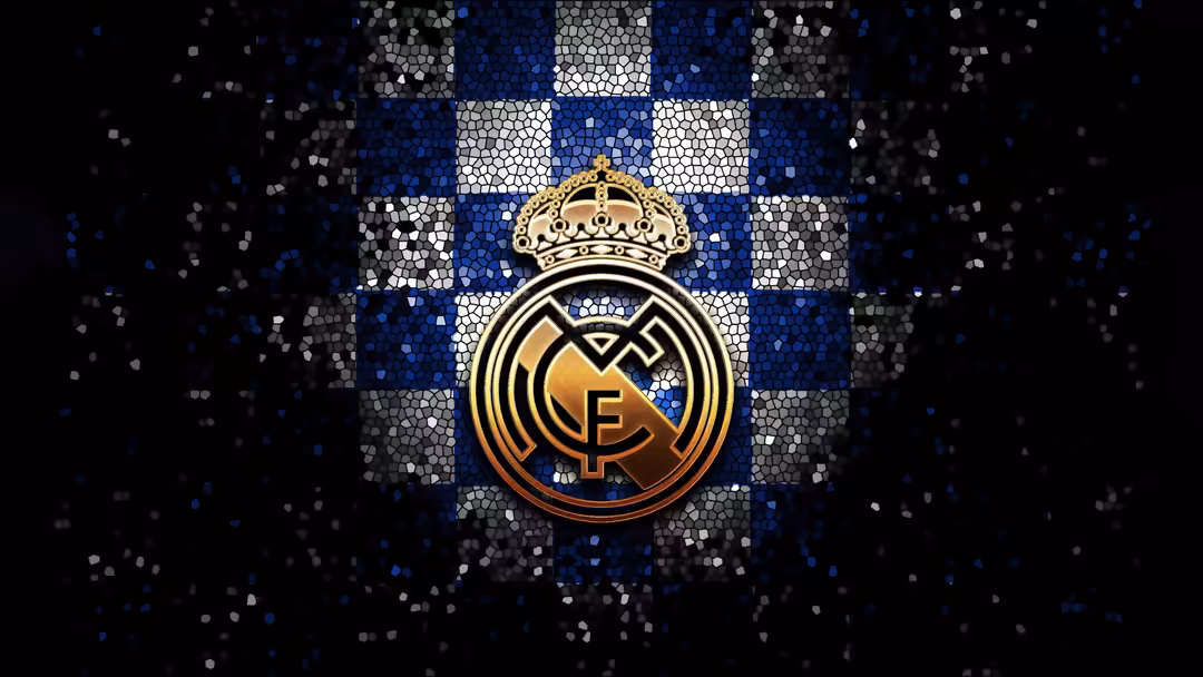 Real Madrid CF golden crest logo with crown on blue and white striped mosaic background with sparkles