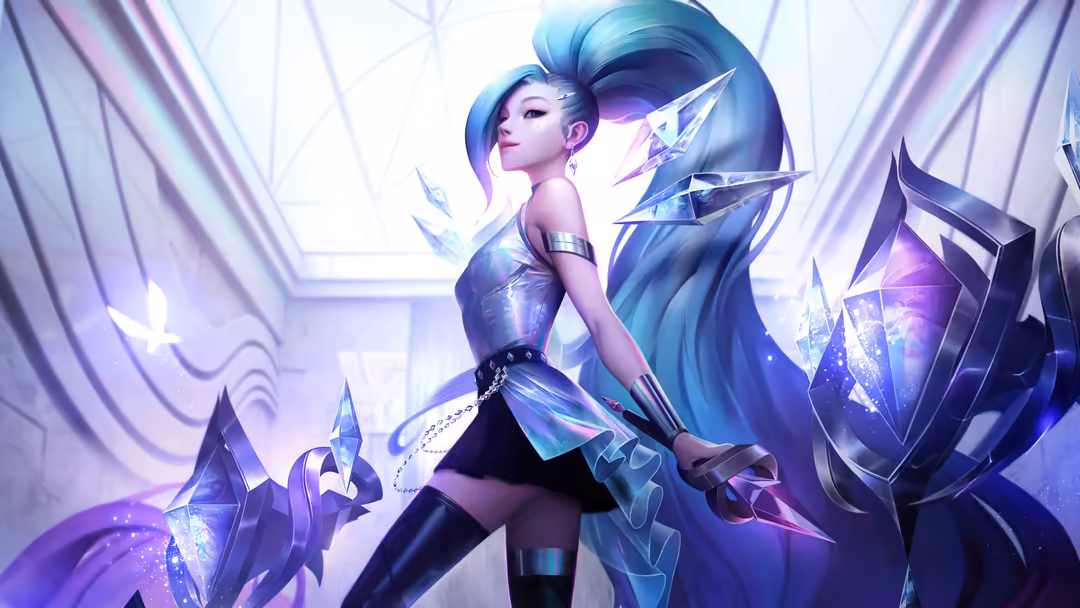 Ethereal warrior woman with blue hair and crystal-infused outfit, surrounded by glowing geometric shards and purple mystical