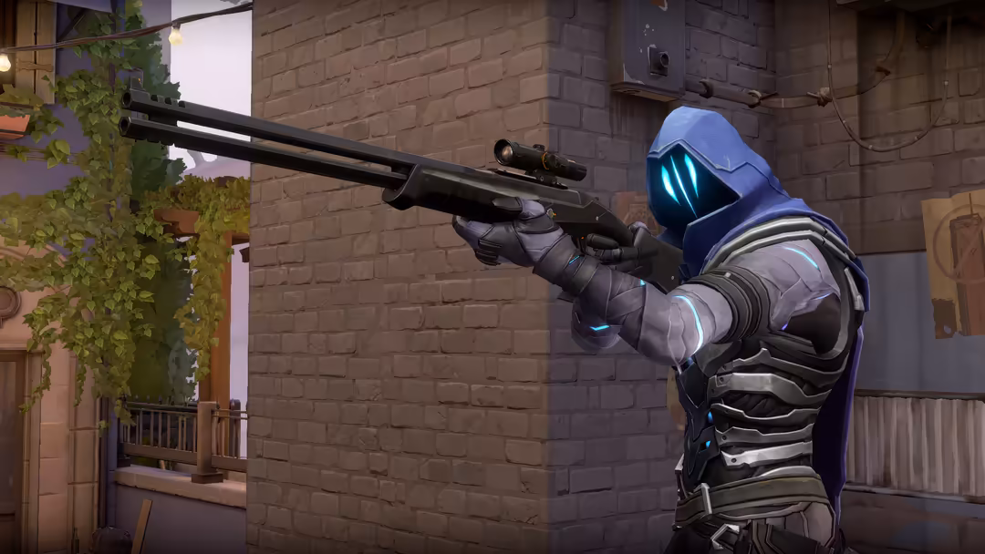 Valorant character Omen wielding a sniper rifle in an urban alley setting with glowing cyan visor and tactical gear