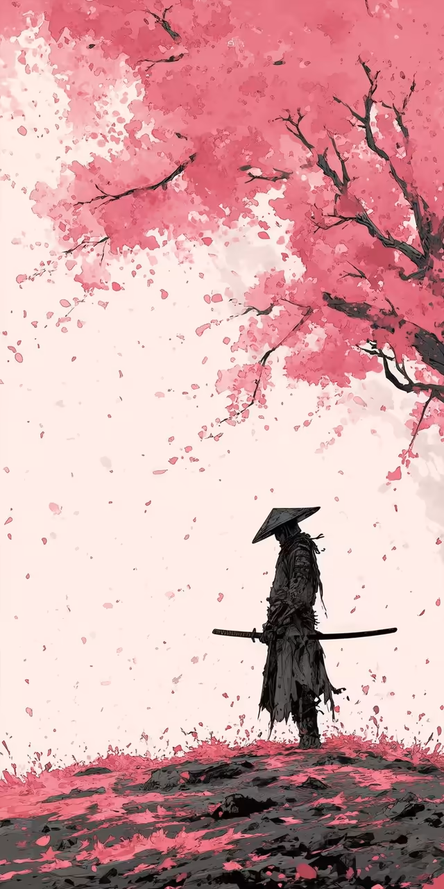 Dark silhouette of a samurai in a conical hat and tattered robes standing under a large pink cherry blossom tree with falling petals.
