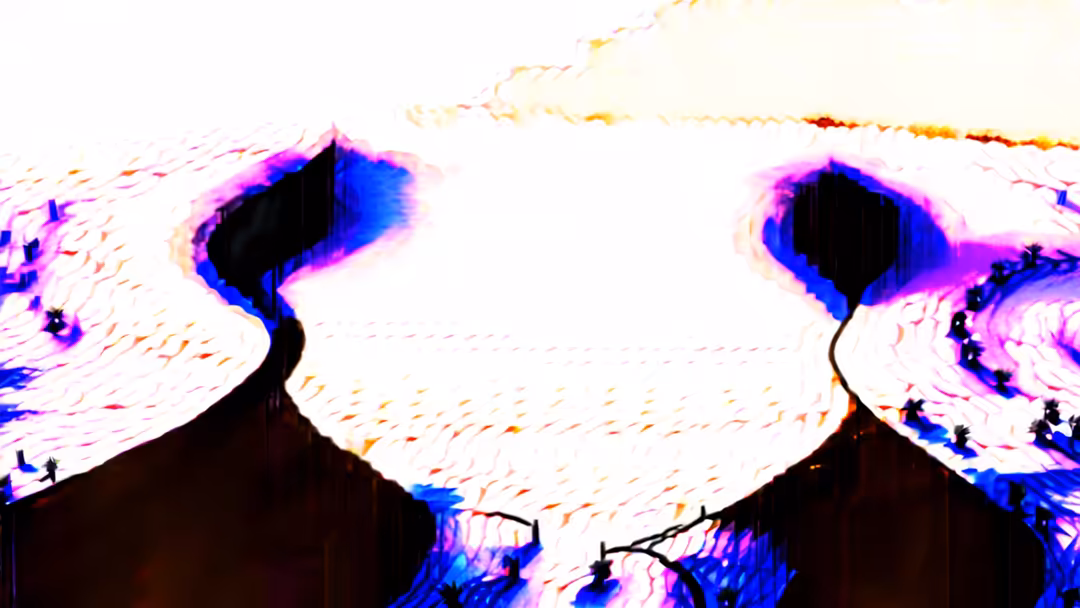 Distorted aerial view with vibrant neon colors, black silhouettes, and glitch effects creating an abstract cyberpunk landscap
