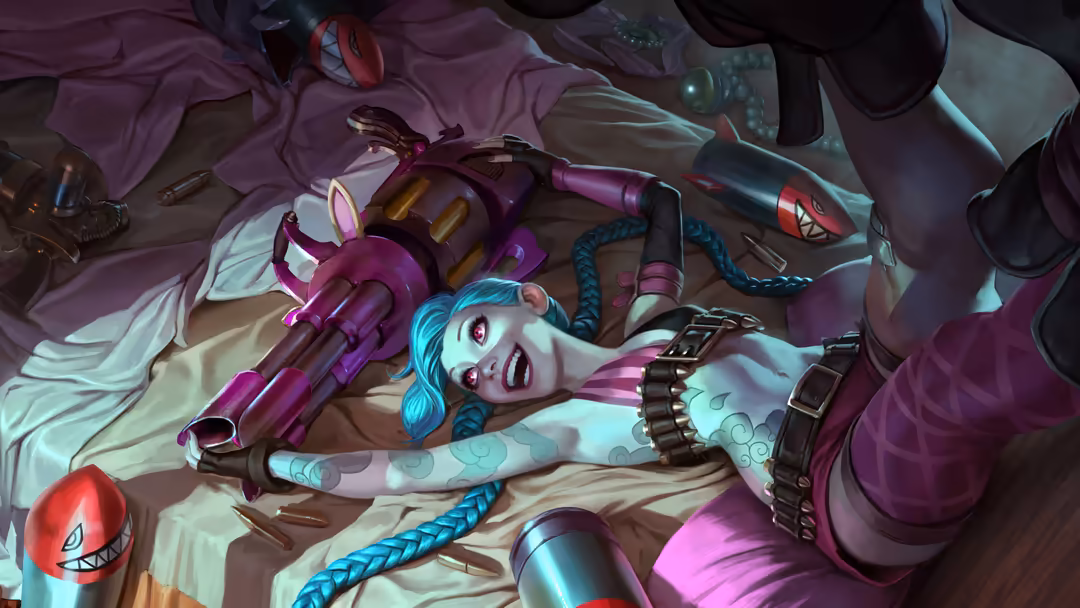Animated character Jinx with blue hair lying among weapons and ammunition, surrounded by purple and magenta tones with metall