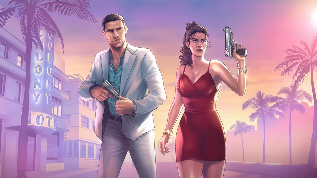 Two stylized characters in retro 80s aesthetic with weapons against a vibrant pink and purple sunset cityscape with palm tree