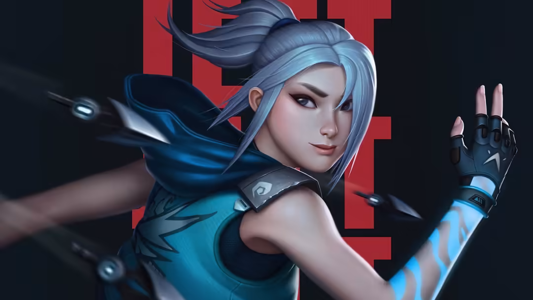 Jett from Valorant, a silver-haired female character in teal and black tactical gear with glowing accents, posed dynamically
