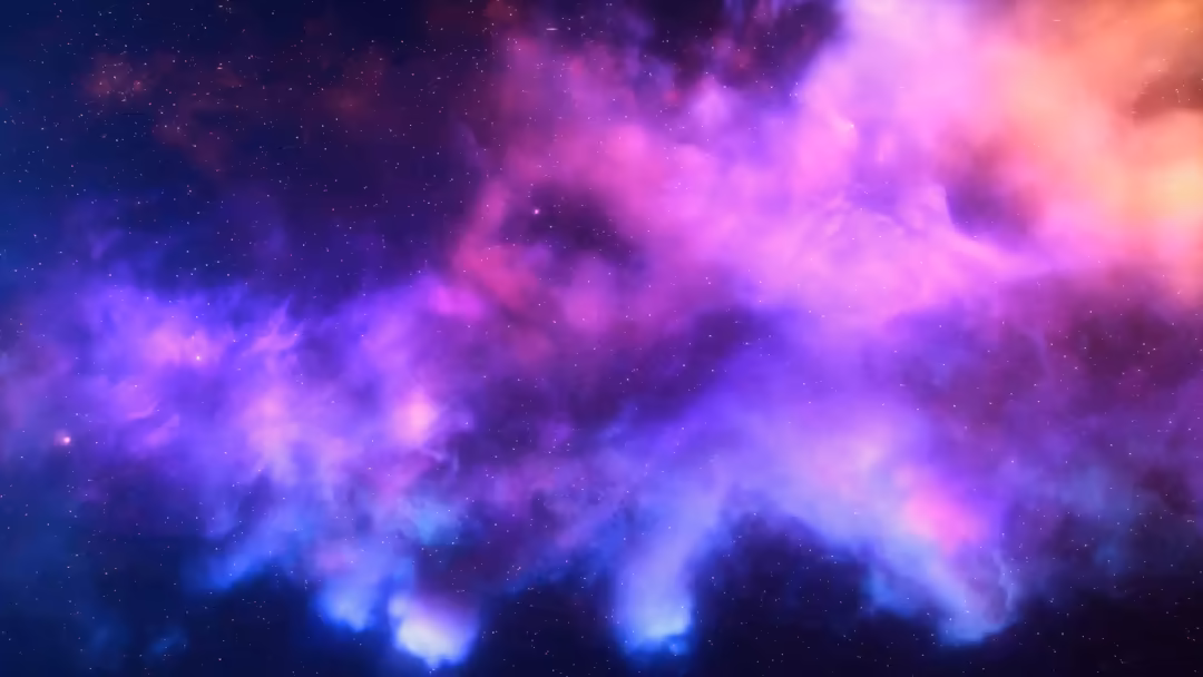 Ethereal cosmic nebula with swirling purple, blue, and pink clouds, glowing particles, and stars scattered across dark space