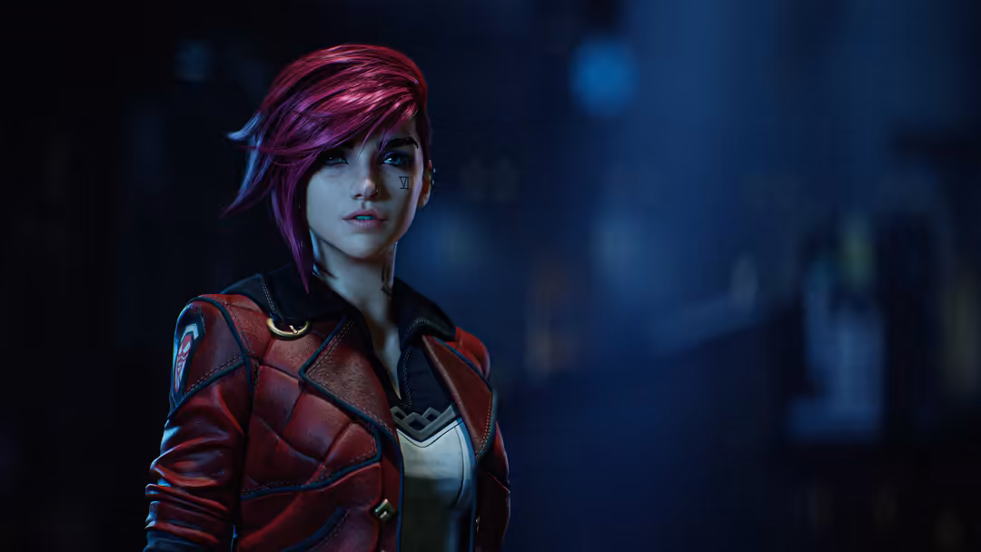 Vi from League of Legends with purple hair wearing red armor jacket against dark blue neon city background