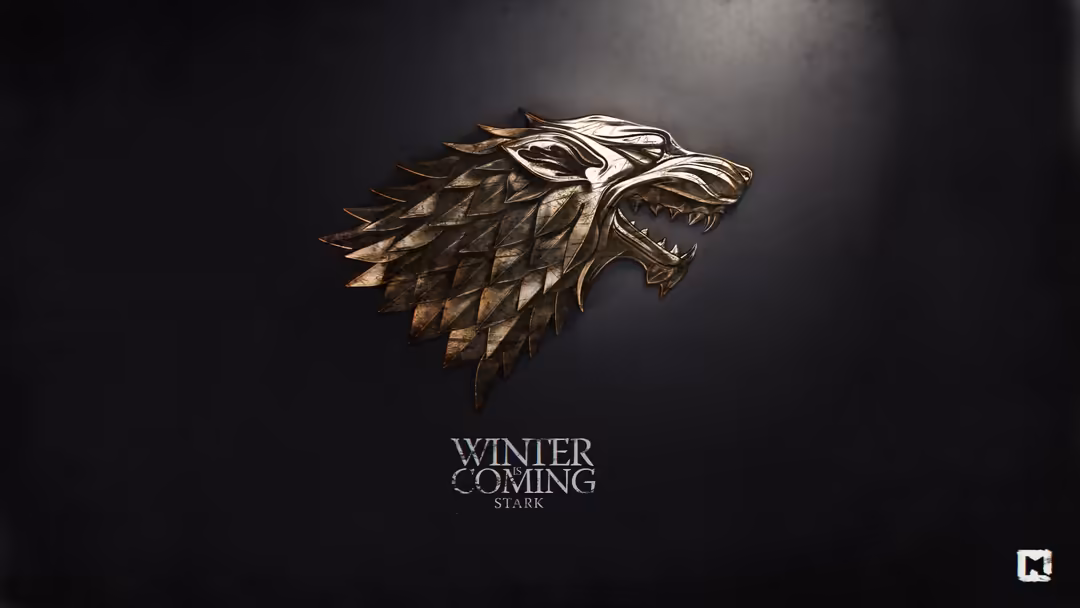 Golden direwolf head with sharp teeth on dark smoky background, dramatic medieval heraldic emblem design