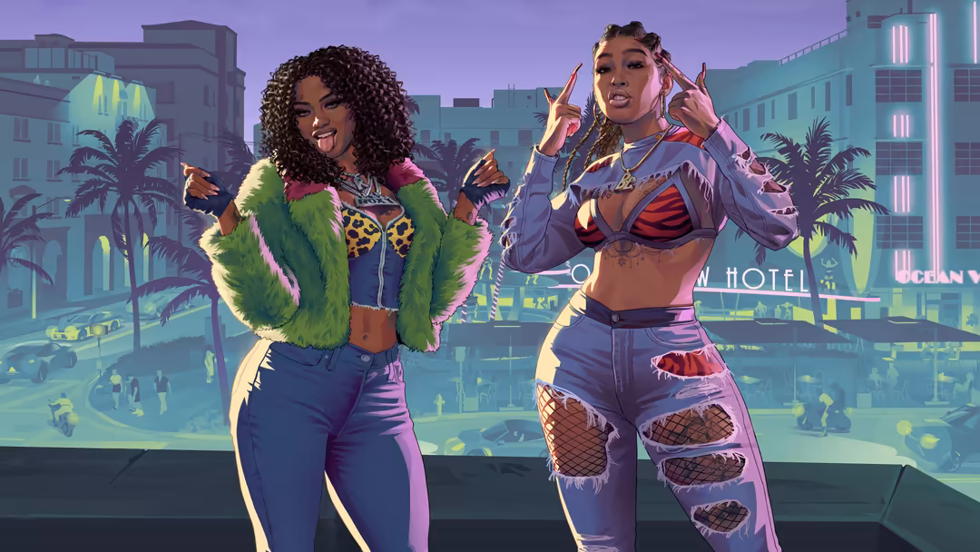 Two stylish female characters in vibrant neon-lit urban setting with futuristic fashion, glowing palm trees, and colorful cit