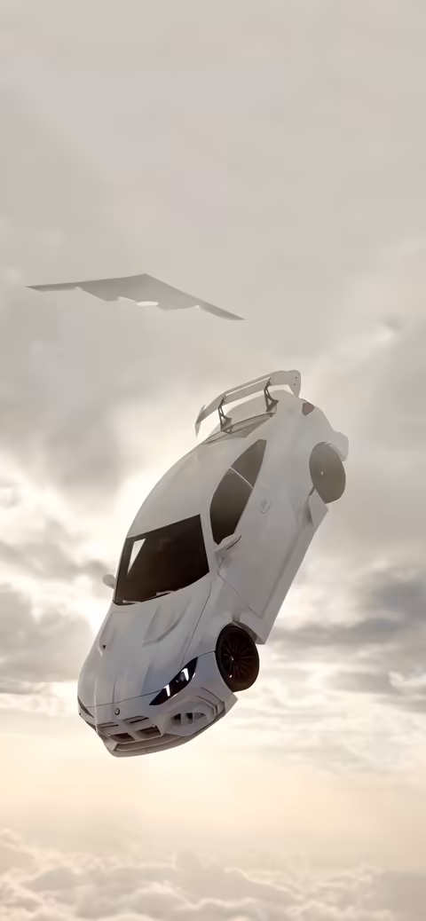 White Car Flying Through Clouds