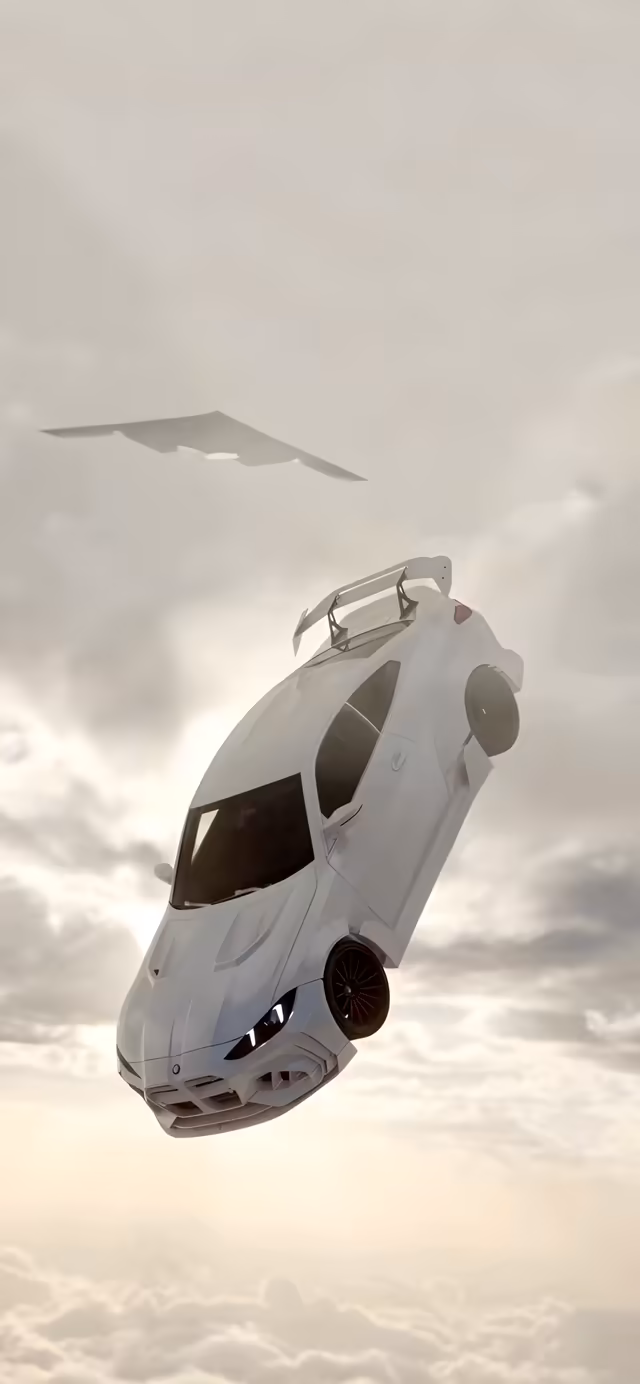 White Car Flying Through Clouds