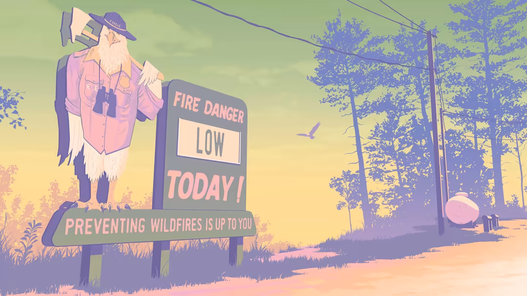 Retro-styled illustration of a bearded ranger character next to a fire danger sign in a forest landscape with warm vintage co
