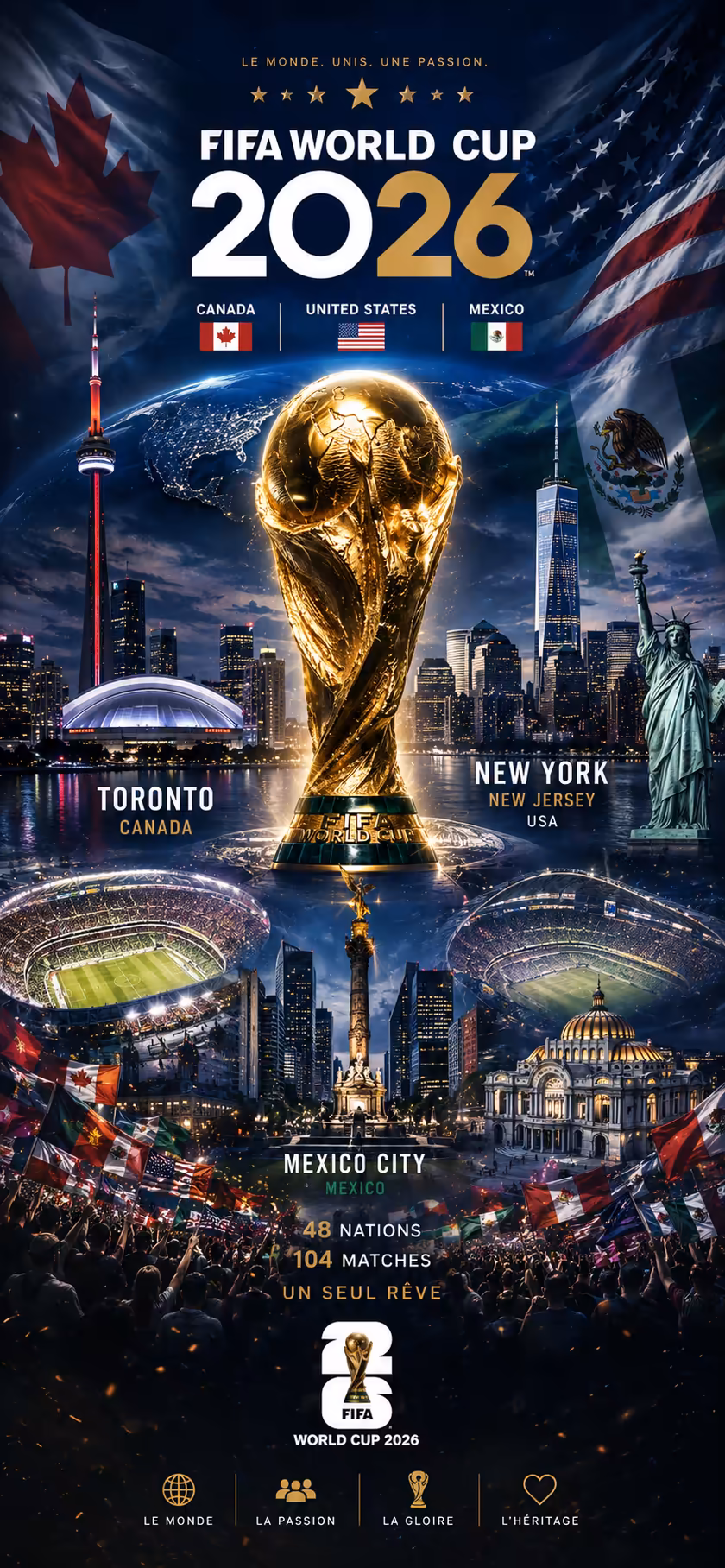 FIFA World Cup 2026 poster featuring golden trophy centered between iconic landmarks from host cities Toronto, New York, and
