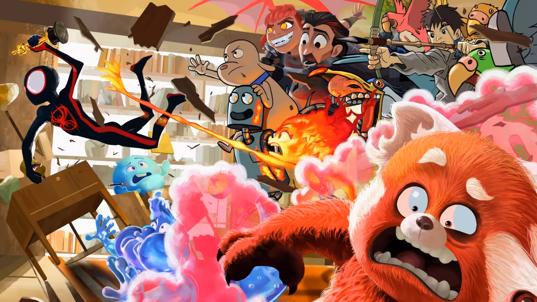 Colorful animated characters engaged in a chaotic action scene with fire, magic, and comedic chaos in a bright, vibrant setti