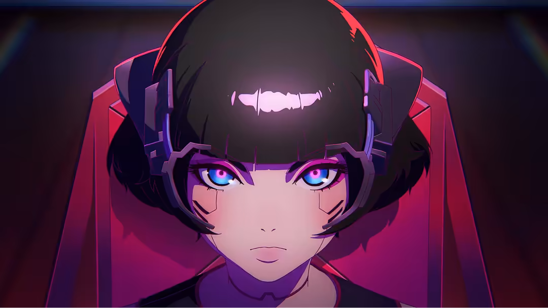 Cyberpunk anime girl with glowing neon eyes and futuristic headgear, illuminated by vibrant pink and purple neon lights again