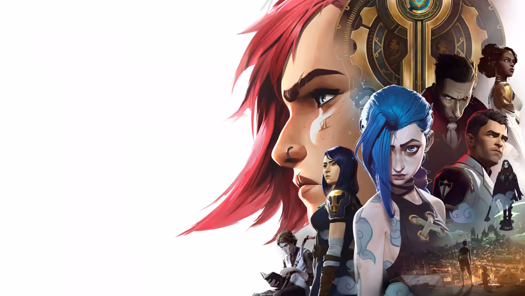 Animated characters from Arcane featuring a woman with pink hair, steampunk machinery, and diverse cast members in fantasy se