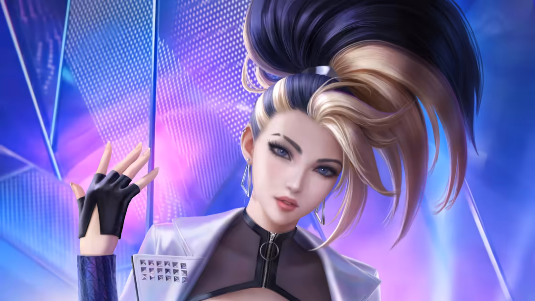 Futuristic anime character Akali with blonde and black hair, wearing cyberpunk outfit with neon purple and blue lighting effe