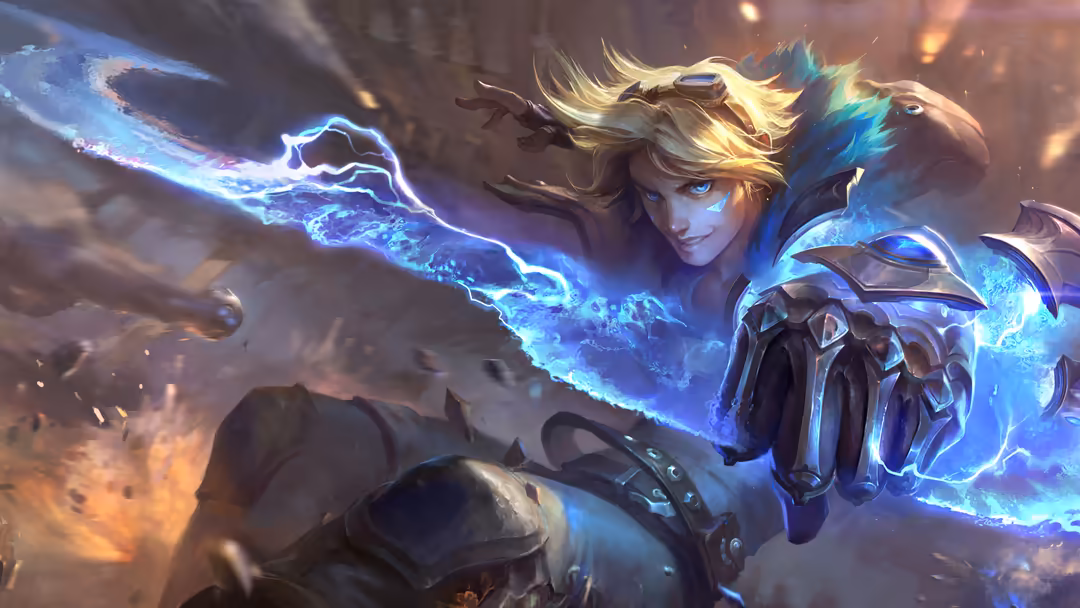 Blonde-haired fantasy champion wielding crackling blue lightning magic with armored shoulders against a warm-toned mystical b