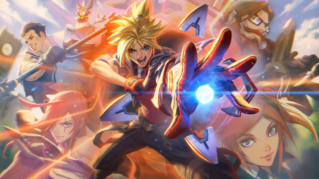 Animated warrior Ezreal with glowing blonde spiky hair channeling blue magical energy, surrounded by dynamic fire and combat