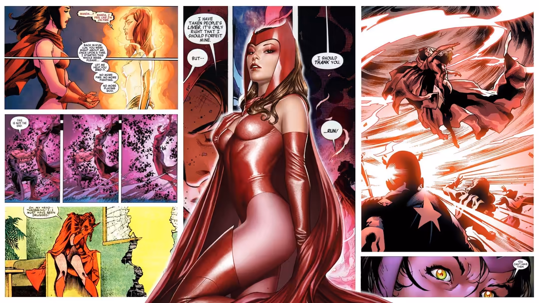 Comic book style panels featuring a woman in red superhero costume with flowing hair, dynamic action scenes with energy effec