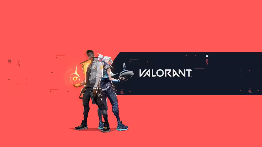 Valorant agent character in gray jacket and blue pants standing confidently against vibrant red background with neon yellow g